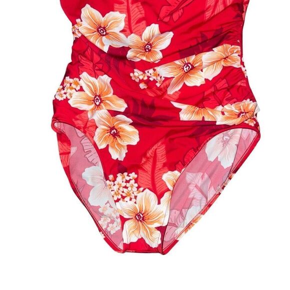 VINTAGE JANTZEN Halter Removable Strap Red Floral One Piece Bathing Suit Size 16 - Picture 3 of 8